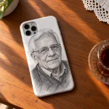 A phone case on a wooden table, printed with a pencil portrait