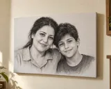 A pencil portrait of a mother and her son on a hanging canvas