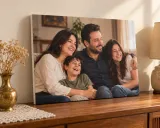 A family photo printed on MDF wood, standing on a sideboard