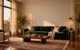 An elegant living room with an empty wall above the sofa